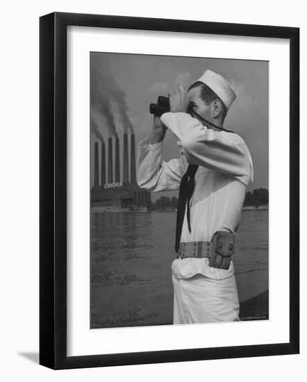 Coast Guard Patrolling Mississippi River Opposite East Saint Louis Power Plant-Alfred Eisenstaedt-Framed Photographic Print