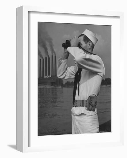 Coast Guard Patrolling Mississippi River Opposite East Saint Louis Power Plant-Alfred Eisenstaedt-Framed Photographic Print