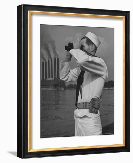 Coast Guard Patrolling Mississippi River Opposite East Saint Louis Power Plant-Alfred Eisenstaedt-Framed Photographic Print