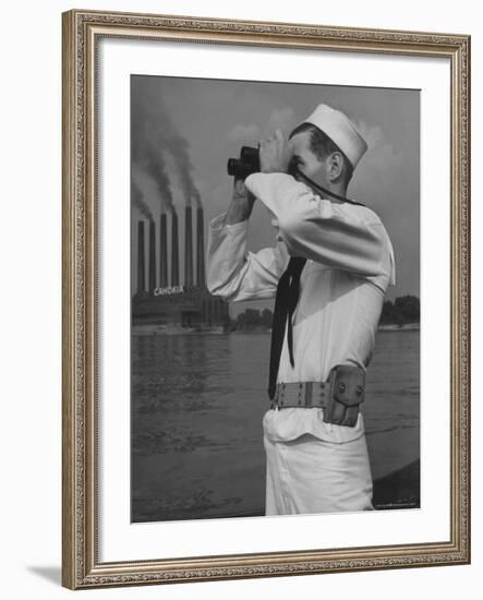 Coast Guard Patrolling Mississippi River Opposite East Saint Louis Power Plant-Alfred Eisenstaedt-Framed Photographic Print