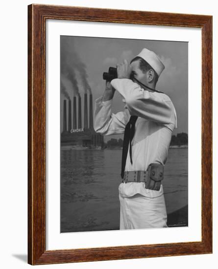 Coast Guard Patrolling Mississippi River Opposite East Saint Louis Power Plant-Alfred Eisenstaedt-Framed Photographic Print