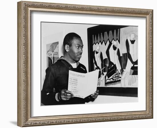 Coast Guardsman Jacob Lawrence, with His Paintings at the Institute of Modern Art in Boston in 1945-null-Framed Photo