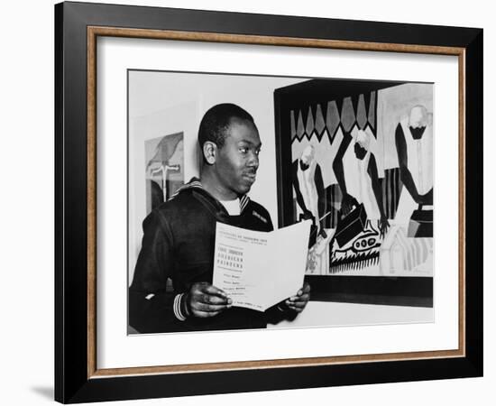 Coast Guardsman Jacob Lawrence, with His Paintings at the Institute of Modern Art in Boston in 1945-null-Framed Photo