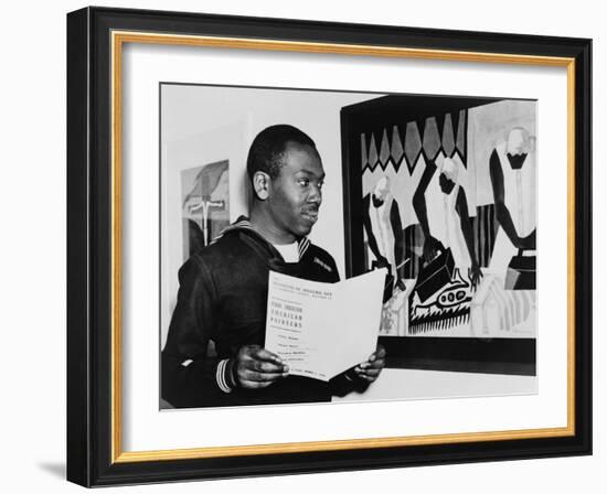 Coast Guardsman Jacob Lawrence, with His Paintings at the Institute of Modern Art in Boston in 1945-null-Framed Photo