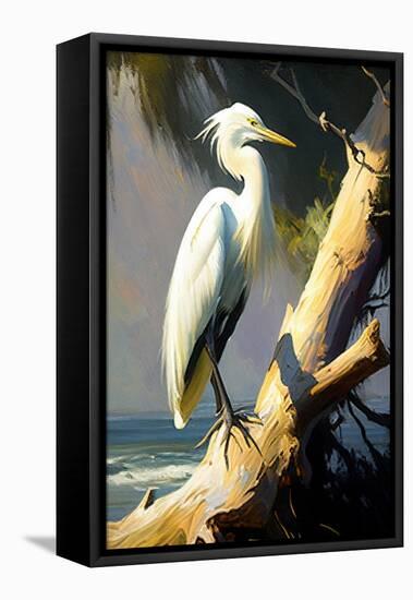 Coastal Egret on the tree-Vivienne Dupont-Framed Stretched Canvas