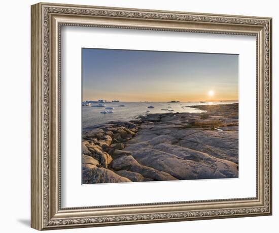 Coastal landscape with Icebergs. Inuit village Oqaatsut located in Disko Bay. Greenland-Martin Zwick-Framed Photographic Print