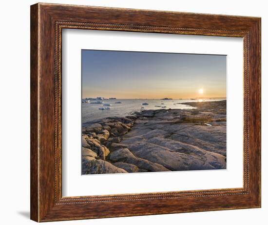 Coastal landscape with Icebergs. Inuit village Oqaatsut located in Disko Bay. Greenland-Martin Zwick-Framed Photographic Print