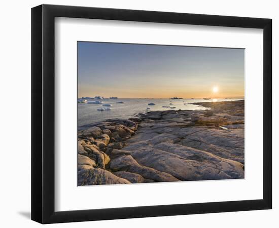 Coastal landscape with Icebergs. Inuit village Oqaatsut located in Disko Bay. Greenland-Martin Zwick-Framed Photographic Print