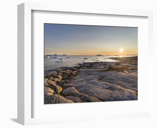 Coastal landscape with Icebergs. Inuit village Oqaatsut located in Disko Bay. Greenland-Martin Zwick-Framed Photographic Print