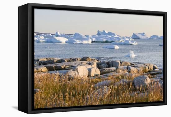 Coastal landscape with Icebergs. Inuit village Oqaatsut located in Disko Bay. Greenland-Martin Zwick-Framed Premier Image Canvas