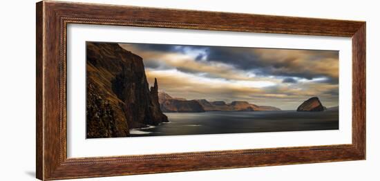 Coastal landscape with Witch Finger rock and Koltur island at sunset, Faroe Islands, Denmark-Panoramic Images-Framed Photographic Print