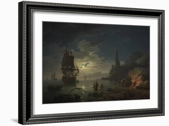 Coastal Scene in Moonlight, 1769 (Oil on Canvas)-Claude Joseph Vernet-Framed Giclee Print