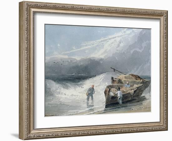 Coastal View with Fishermen and Boats, Storm Clouds Beyond, 1820-Richard Parkes Bonington-Framed Giclee Print