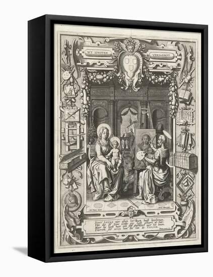 Coat of arms of the Guild of Saint Luke with Saint Luke painting Madonna and Child, 1620-21-Sebastian Vrancx-Framed Premier Image Canvas