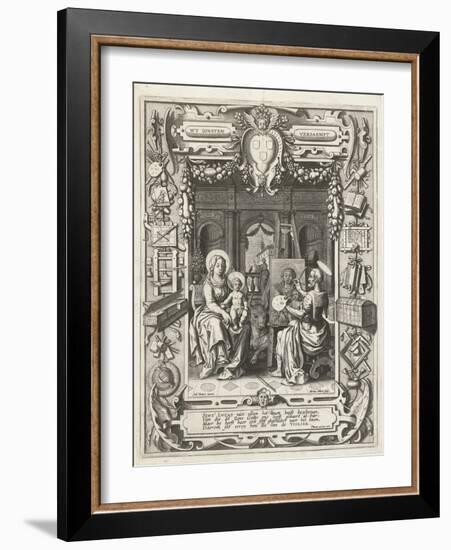 Coat of arms of the Guild of Saint Luke with Saint Luke painting Madonna and Child, 1620-21-Sebastian Vrancx-Framed Giclee Print