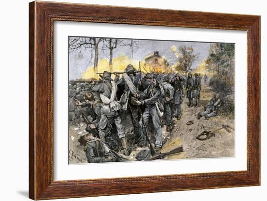 Cobb's and Kershaw's Confederate Troops Behind a Stone Wall Defending Fredericksburg, c.1862-null-Framed Giclee Print