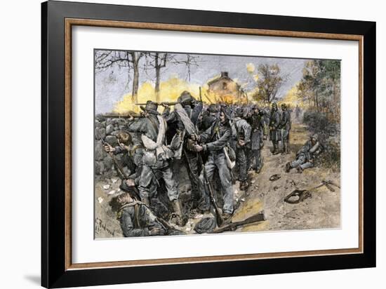 Cobb's and Kershaw's Confederate Troops Behind a Stone Wall Defending Fredericksburg, c.1862-null-Framed Giclee Print