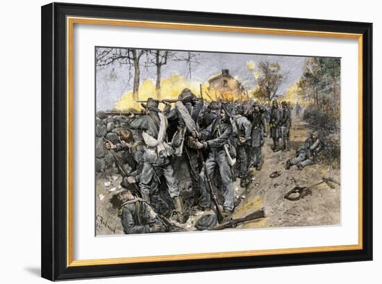 Cobb's and Kershaw's Confederate Troops Behind a Stone Wall Defending Fredericksburg, c.1862-null-Framed Giclee Print