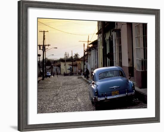 Cobbled Street at Sunset with Old American Car, Trinidad, Sancti Spiritus Province, Cuba-Lee Frost-Framed Photographic Print