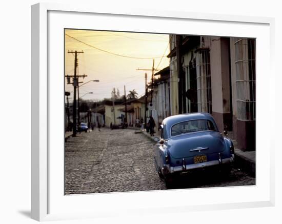 Cobbled Street at Sunset with Old American Car, Trinidad, Sancti Spiritus Province, Cuba-Lee Frost-Framed Photographic Print