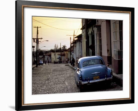 Cobbled Street at Sunset with Old American Car, Trinidad, Sancti Spiritus Province, Cuba-Lee Frost-Framed Photographic Print