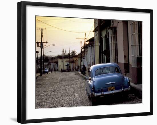 Cobbled Street at Sunset with Old American Car, Trinidad, Sancti Spiritus Province, Cuba-Lee Frost-Framed Photographic Print
