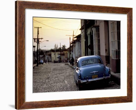 Cobbled Street at Sunset with Old American Car, Trinidad, Sancti Spiritus Province, Cuba-Lee Frost-Framed Photographic Print