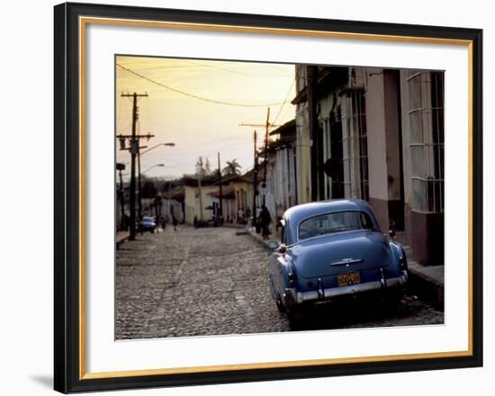 Cobbled Street at Sunset with Old American Car, Trinidad, Sancti Spiritus Province, Cuba-Lee Frost-Framed Photographic Print