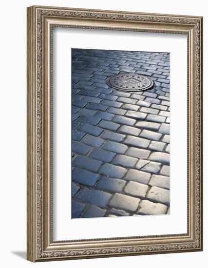 Cobbled Street, Manhole Cover in Old Town, Prague, Czech Republic, Europe-Martin Child-Framed Photographic Print