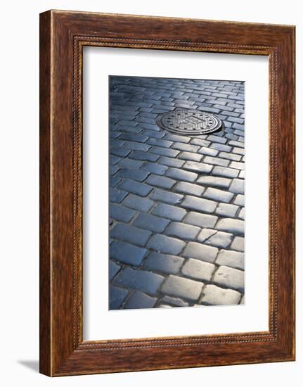 Cobbled Street, Manhole Cover in Old Town, Prague, Czech Republic, Europe-Martin Child-Framed Photographic Print