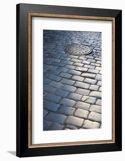 Cobbled Street, Manhole Cover in Old Town, Prague, Czech Republic, Europe-Martin Child-Framed Photographic Print