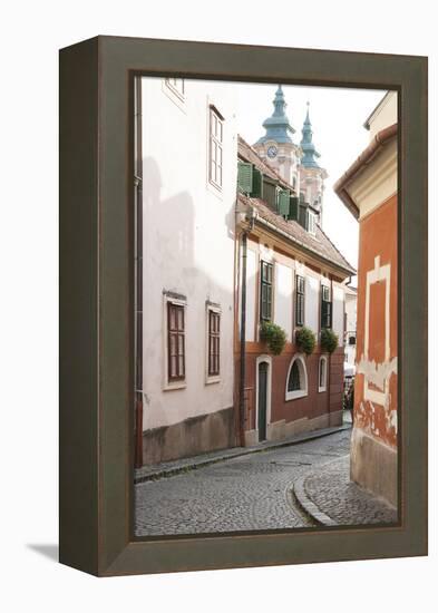 Cobblestone Street and Narrow Buildings with Church Towers in Background, Eger, Hungary-Kimberly Walker-Framed Premier Image Canvas