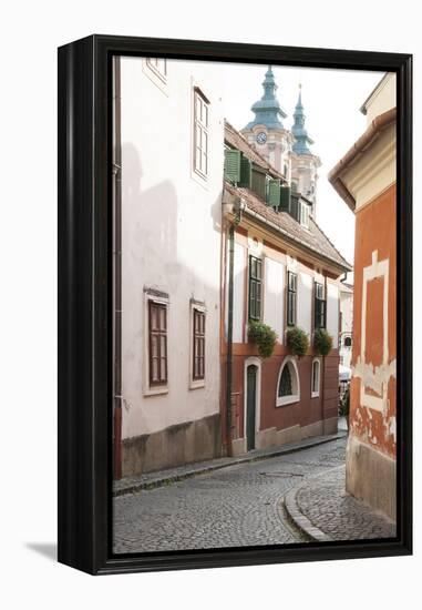 Cobblestone Street and Narrow Buildings with Church Towers in Background, Eger, Hungary-Kimberly Walker-Framed Premier Image Canvas