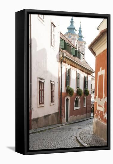 Cobblestone Street and Narrow Buildings with Church Towers in Background, Eger, Hungary-Kimberly Walker-Framed Premier Image Canvas