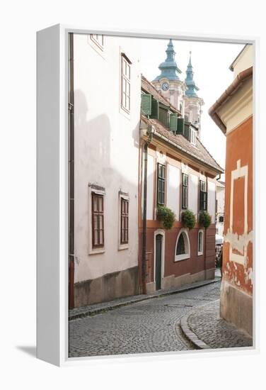 Cobblestone Street and Narrow Buildings with Church Towers in Background, Eger, Hungary-Kimberly Walker-Framed Premier Image Canvas