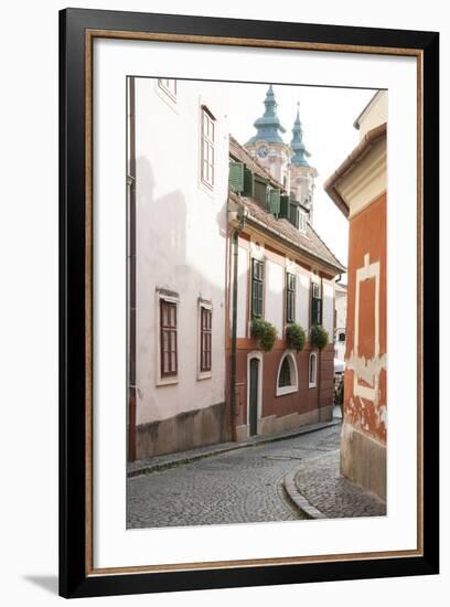 Cobblestone Street and Narrow Buildings with Church Towers in Background, Eger, Hungary-Kimberly Walker-Framed Photographic Print