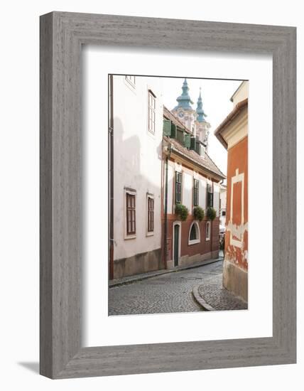 Cobblestone Street and Narrow Buildings with Church Towers in Background, Eger, Hungary-Kimberly Walker-Framed Photographic Print