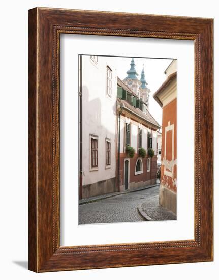 Cobblestone Street and Narrow Buildings with Church Towers in Background, Eger, Hungary-Kimberly Walker-Framed Photographic Print