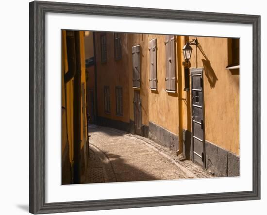 Cobblestone Street in Gamla Stan, Iron Cellar Door and Old Lamp, Stockholm, Sweden-Per Karlsson-Framed Photographic Print