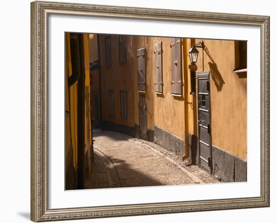 Cobblestone Street in Gamla Stan, Iron Cellar Door and Old Lamp, Stockholm, Sweden-Per Karlsson-Framed Photographic Print