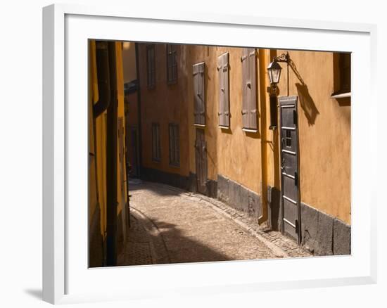 Cobblestone Street in Gamla Stan, Iron Cellar Door and Old Lamp, Stockholm, Sweden-Per Karlsson-Framed Photographic Print