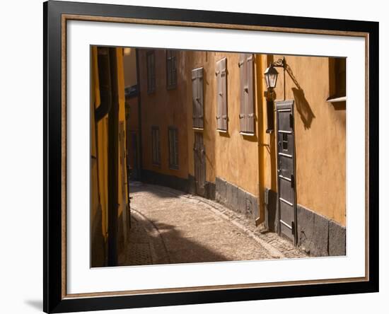 Cobblestone Street in Gamla Stan, Iron Cellar Door and Old Lamp, Stockholm, Sweden-Per Karlsson-Framed Photographic Print