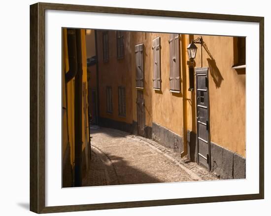 Cobblestone Street in Gamla Stan, Iron Cellar Door and Old Lamp, Stockholm, Sweden-Per Karlsson-Framed Photographic Print