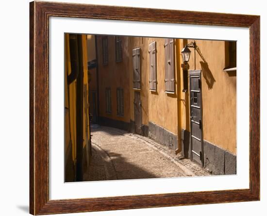 Cobblestone Street in Gamla Stan, Iron Cellar Door and Old Lamp, Stockholm, Sweden-Per Karlsson-Framed Photographic Print