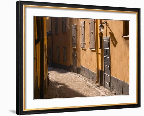 Cobblestone Street in Gamla Stan, Iron Cellar Door and Old Lamp, Stockholm, Sweden-Per Karlsson-Framed Photographic Print