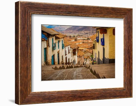 Cobblestone Street Scene, Cusco, Peru, South America-Laura Grier-Framed Photographic Print