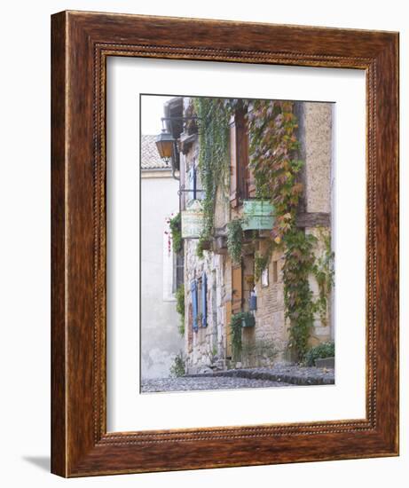 Cobblestone Street with Half Timber Stone Houses, Place De La Myrpe, Bergerac, Dordogne, France-Per Karlsson-Framed Photographic Print