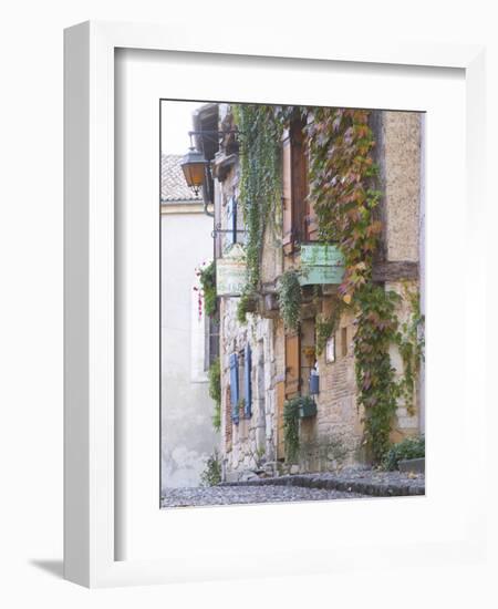 Cobblestone Street with Half Timber Stone Houses, Place De La Myrpe, Bergerac, Dordogne, France-Per Karlsson-Framed Photographic Print