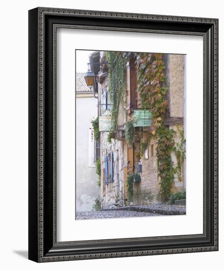 Cobblestone Street with Half Timber Stone Houses, Place De La Myrpe, Bergerac, Dordogne, France-Per Karlsson-Framed Photographic Print