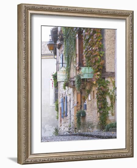 Cobblestone Street with Half Timber Stone Houses, Place De La Myrpe, Bergerac, Dordogne, France-Per Karlsson-Framed Photographic Print